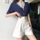 Lace Collar Short-sleeve Blouse / High-waist Wide-leg Shorts