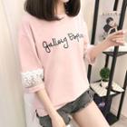 Lace Panel Lettering Elbow-sleeve T-shirt