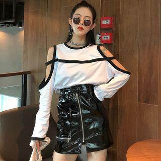 Long-sleeve Cut Out T-shirt/ Faux Leather Mini A-line Skirt