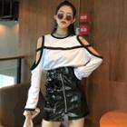 Long-sleeve Cut Out T-shirt/ Faux Leather Mini A-line Skirt