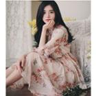 Set: Slipdress + Long-sleeve Floral Print A-line Midi Dress
