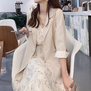 Plain Blazer / Spaghetti Strap Floral Print A-line Midi Dress