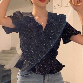 Dotted Short-sleeve Peplum Top Dark Blue - One Size