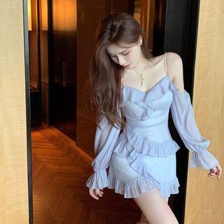 Long-sleeve Cold-shoulder Ruffle Trim Mini Sheath Dress