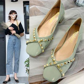 Square-toe Low-heel Studded Pumps