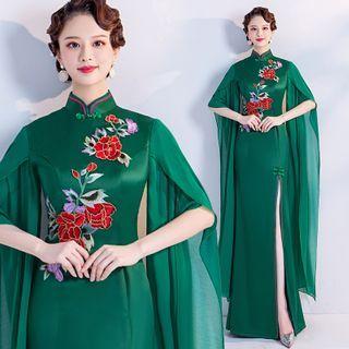Elbow-sleeve Floral Embroidered Maxi Qipao Dress