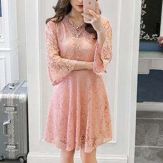 Bell-sleeve Beaded Lace Dress