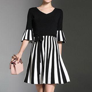 Elbow-sleeve Striped Panel A-line Dress