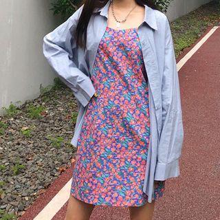 Plain Shirt Jacket / Spaghetti Strap Floral Print Mini Sheath Dress