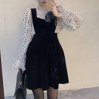 Dotted Long Sleeve Top / Velvet Mini Overall Dress