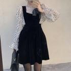 Dotted Long Sleeve Top / Velvet Mini Overall Dress
