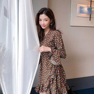 Bell-cuff Floral Surplice-wrap Mini Dress