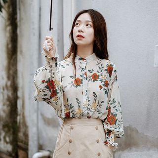 Flower Print Lantern-sleeve Blouse Almond - One Size