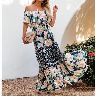 Floral Print Short Sleeve Off-shoulder Dress