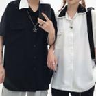 Couple Matching Color Block Pocket Detail Elbow-sleeve Shirt