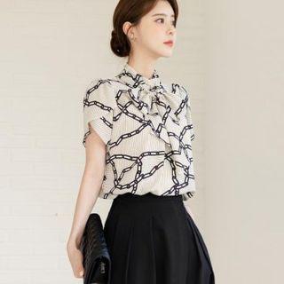 Petal-sleeve Tie-neck Patterned Blouse