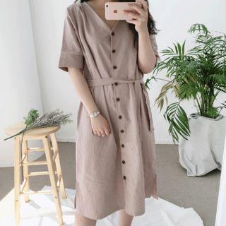 Linen-blend V-neck Short-sleeve Buttoned Dress