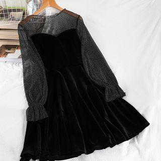 Bell-sleeve Mesh Panel Velvet Mini A-line Dress