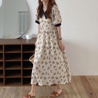 Elbow-sleeve Floral Print Midi A-line Dress Almond - One Size