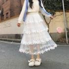 Layered Mesh Midi A-line Skirt White - One Size