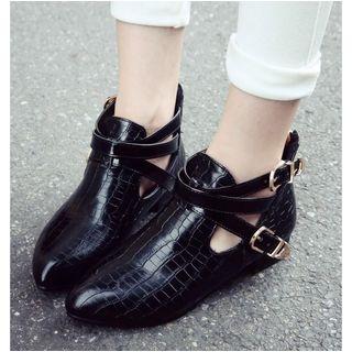 Patent Crocodile Pattern Buckled Ankle Boots