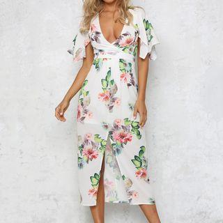 Short-sleeve Floral Slit Midi Dress