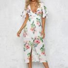 Short-sleeve Floral Slit Midi Dress