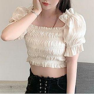 Puff Short-sleeve Off-shoulder Plain Ruffled Trim Ruched Stain Crop Top