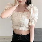 Puff Short-sleeve Off-shoulder Plain Ruffled Trim Ruched Stain Crop Top