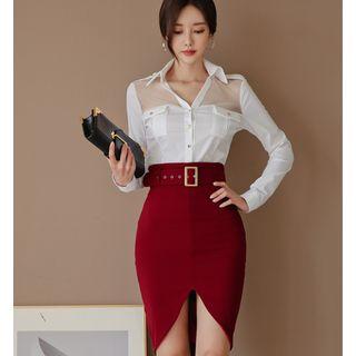 Long-sleeve Mesh Panel Shirt / Mini Fitted Skirt / Set