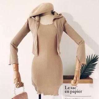 Set: Hooded Open Front Cardigan + Sleeveless Sheath Knit Dress