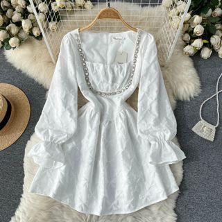 Square-neck Rhinestone Bow Long-sleeve Dress