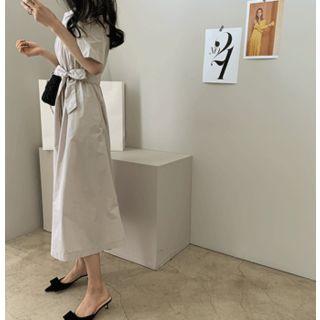 Short-sleeve A-line Dress With Sash Light Beige - One Size