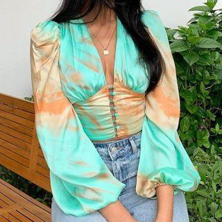 Print Balloon-sleeve Crop Top