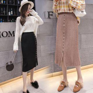 Button-front Midi Pleated Knit Skirt