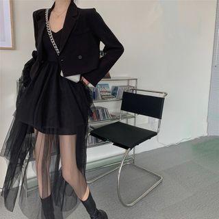 Double-breasted Blazer / Spaghetti-strap Mesh Panel Midi Dress