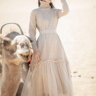 Mock-turtleneck Long-sleeve Midi A-line Dress Almond - One Size