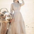 Mock-turtleneck Long-sleeve Midi A-line Dress Almond - One Size