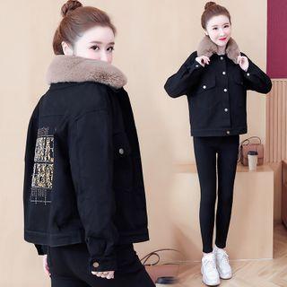 Rhinestone Embellished Faux Fur Trim Fleece-lined Denim Jacket