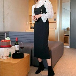 Spaghetti-strap Faux-gem Button H-line Dress