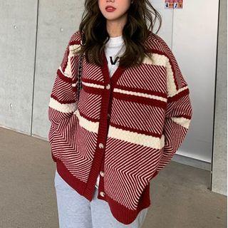 Striped Buttoned Cardigan Red - One Size