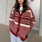 Striped Buttoned Cardigan Red - One Size