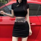 Set: Short-sleeve Fringed Top + Mini Skirt