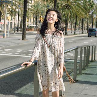 Print 3/4-sleeve Cold-shoulder Dress