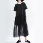 Short-sleeve Mesh Panel Midi A-line Dress Black - One Size