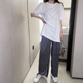 Elbow-sleeve Rhinestone-embellished T-shirt / Houndstooth Wide Leg Pants