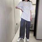 Elbow-sleeve Rhinestone-embellished T-shirt / Houndstooth Wide Leg Pants