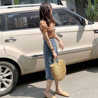 Set: Plaid Short Sleeve Smocked Top + Slit-front Denim Pencil Skirt