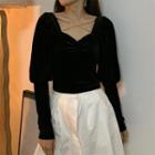 Puff-sleeve Chained Velvet Blouse Black - One Size