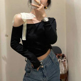Bow Cold-shoulder Cropped T-shirt Black - One Size